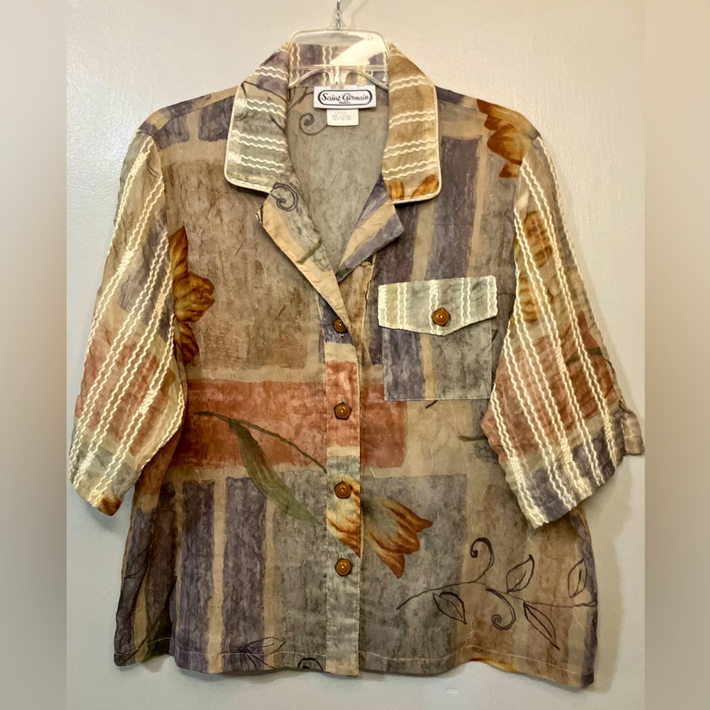Saint Germain Blouse Women’s Large Multicolor Sheer S/S Button Up 80’s Vtg